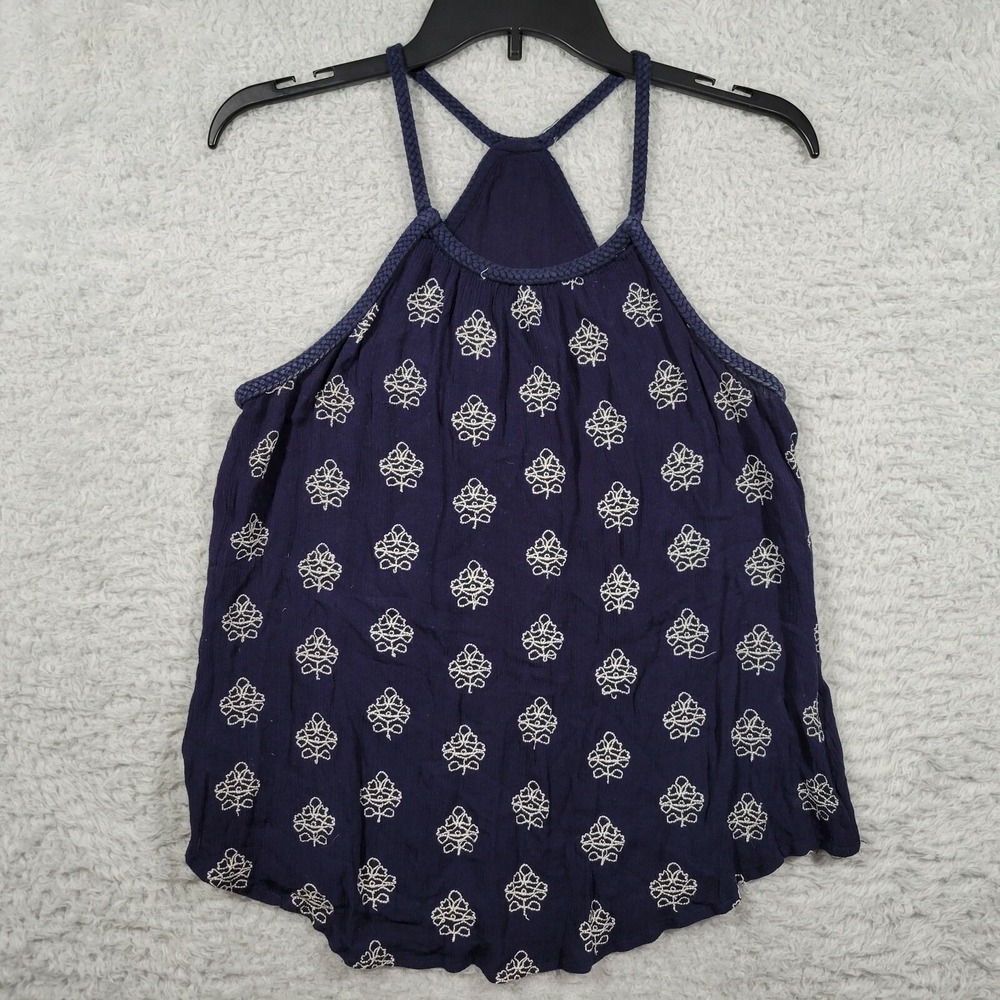 Blue Rain Tank Top Women Small Navy Blue Embroidered Halter Rayon Braid Trim